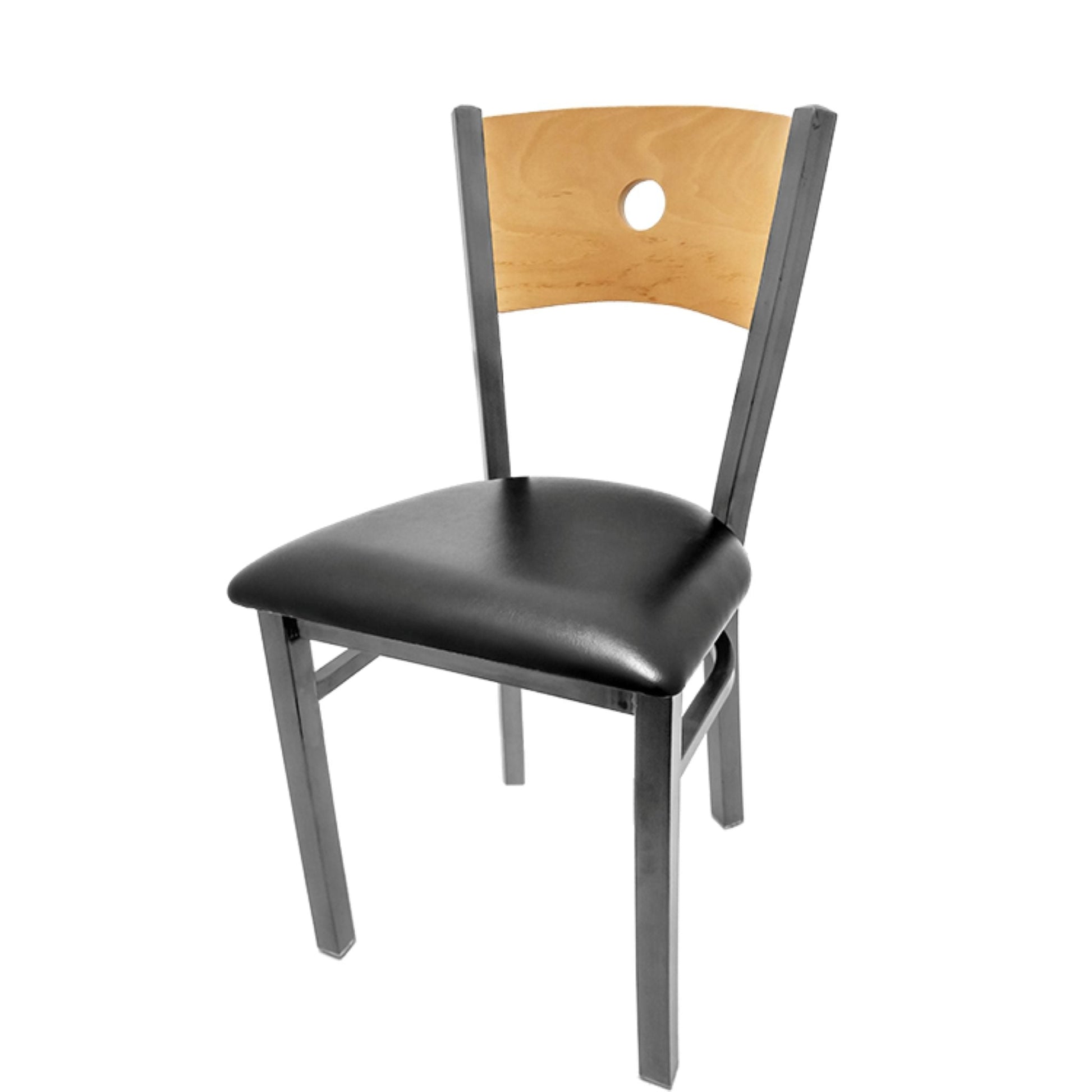 Dining chair with natural wood back and black vinyl seat