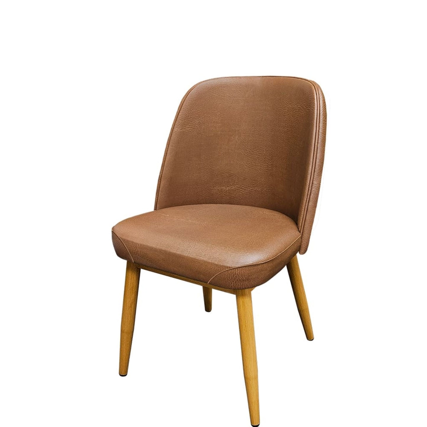 Amata chair with natural faux woodgrain frame and buckskin vinyl bucket seat.