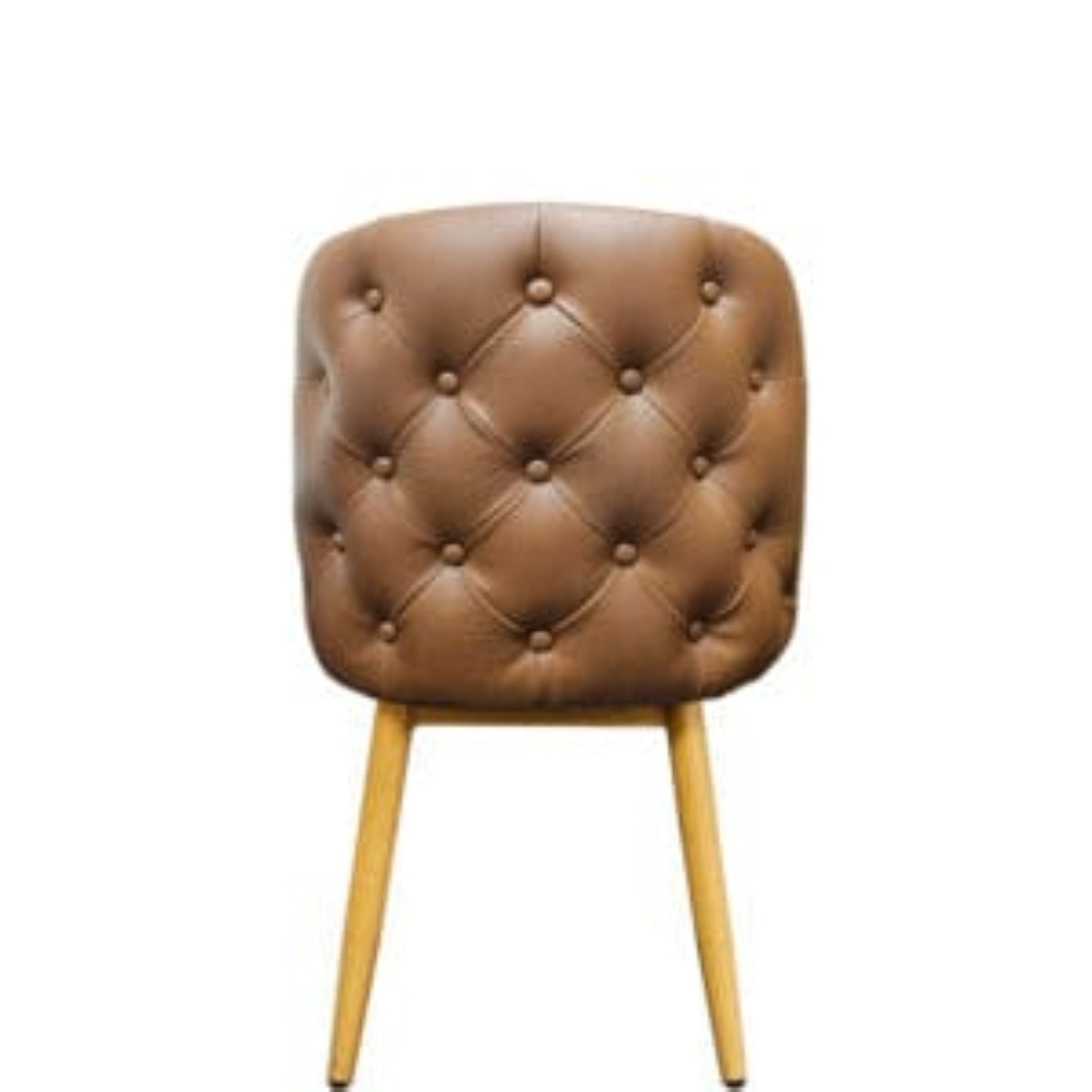 Back view mata chair with tufted buckskin vinyl bucket seat and faux natural woodgrain metal frame