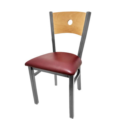 Dining chair with natural wood back and wine vinyl seat.
