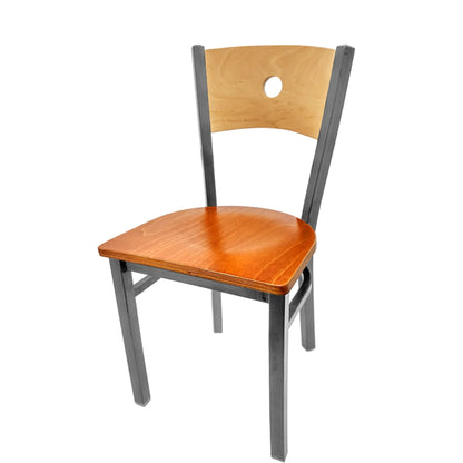 Dining chair with natural wood back and cherry wood seat.
