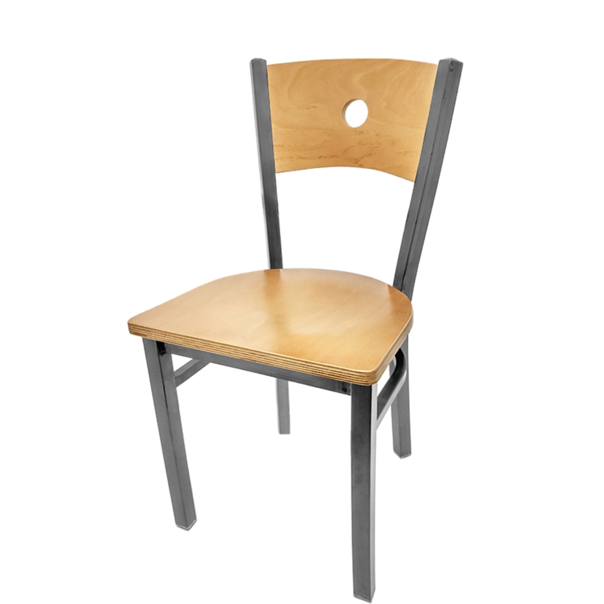 Dining chair with natural wood back and natural wood seat.