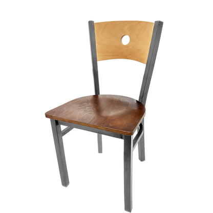 ining chair with natural wood back and walnut wood seat.