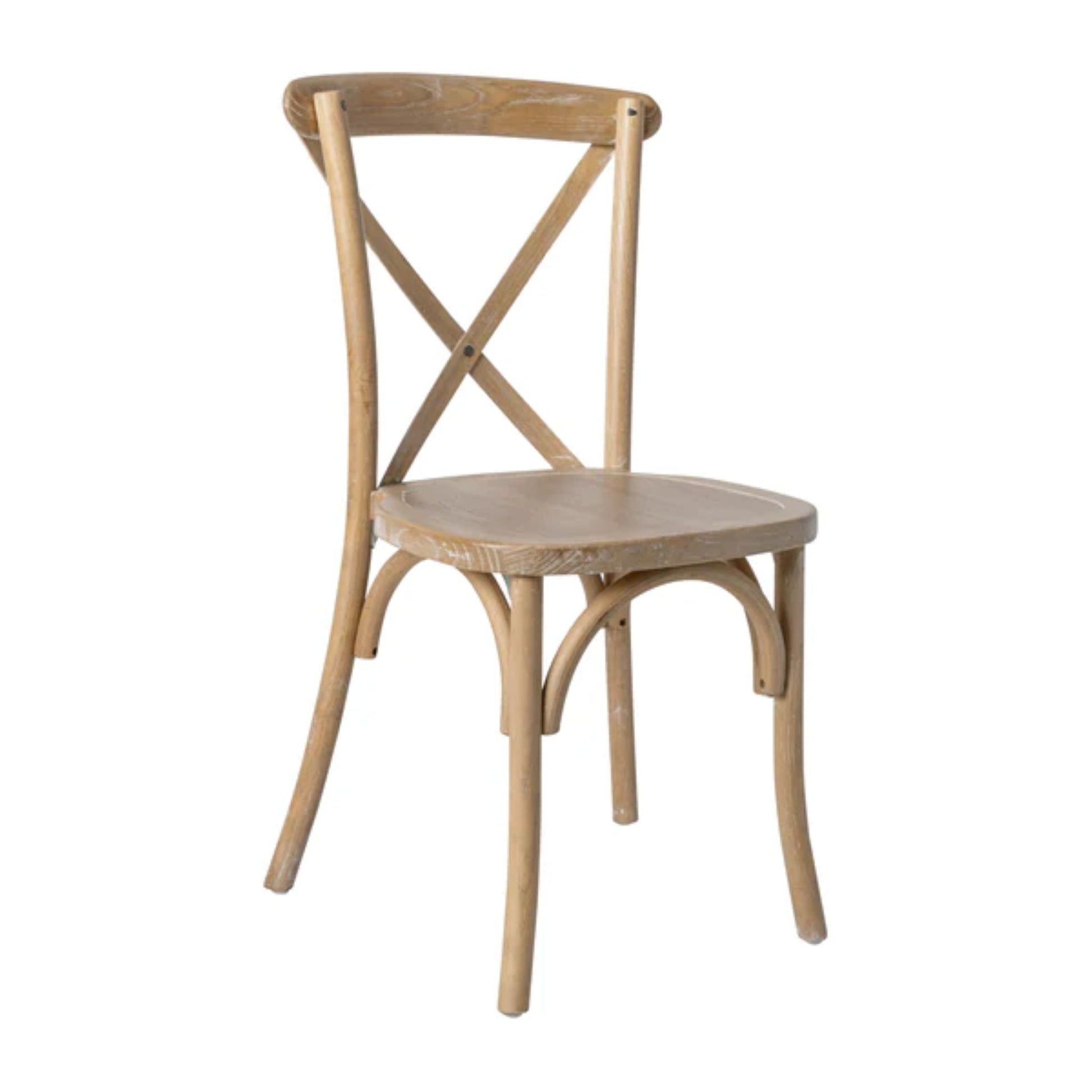 Side angle of natural white grain X-Back chair showcasing bentwood back.