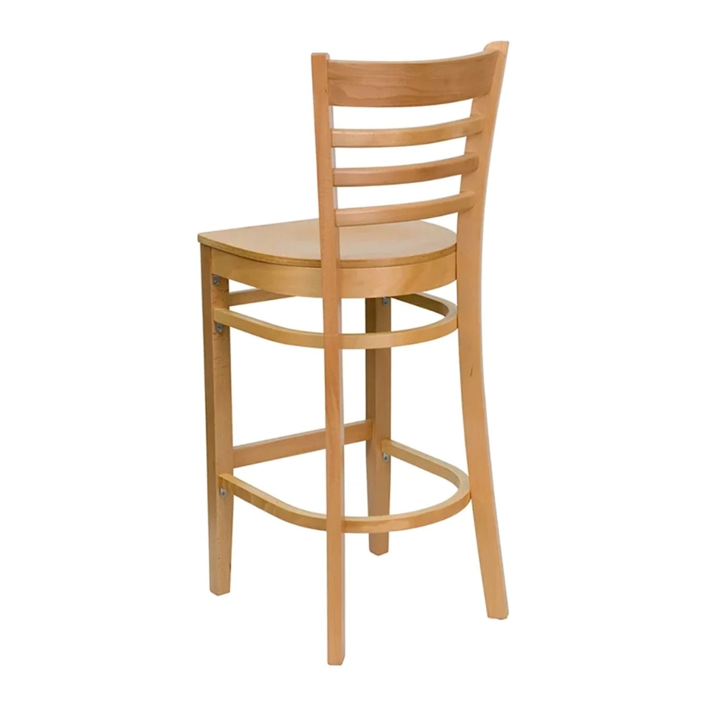 Side view of natural finish wooden bar stool showing curved support bars and built-in footrest