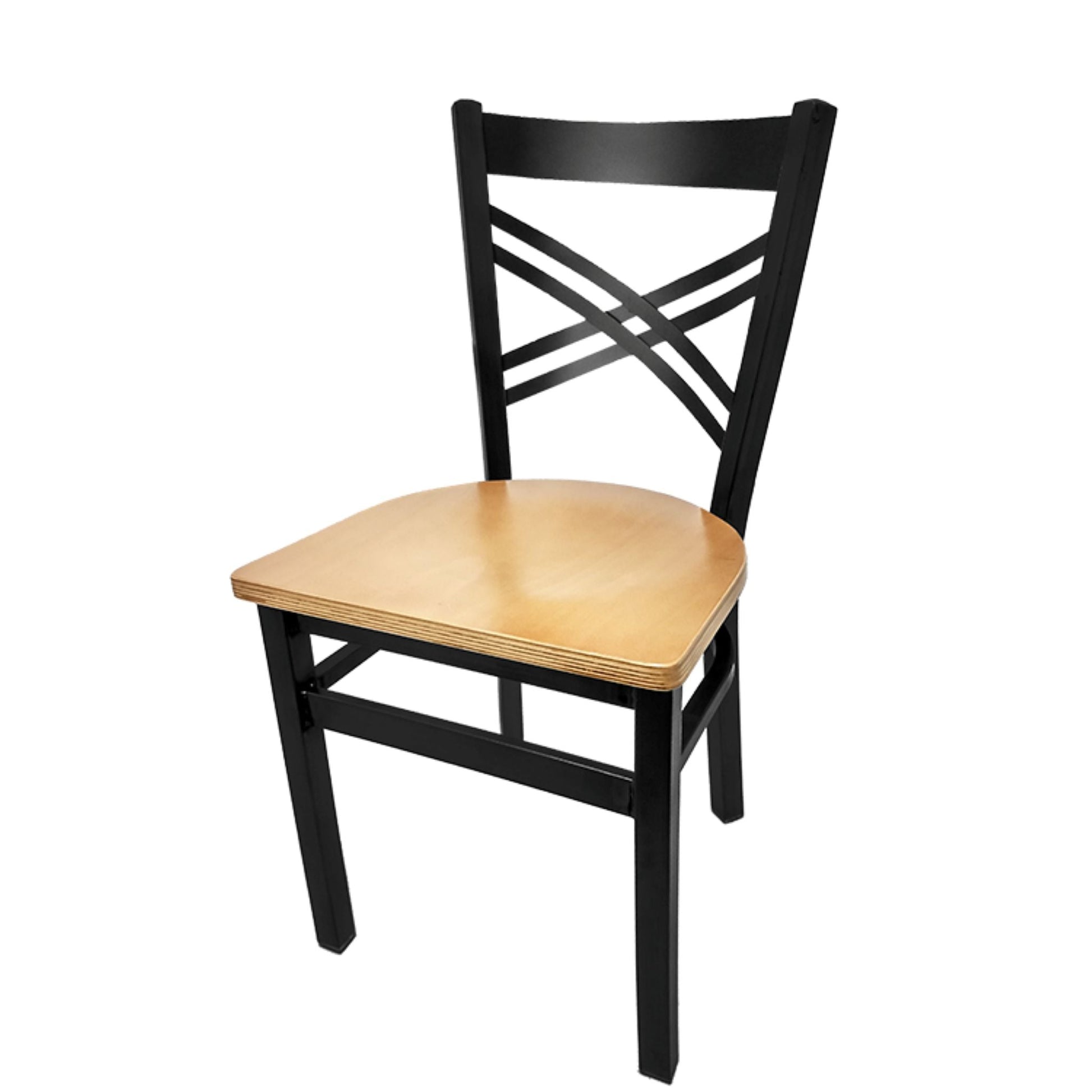 Crossback dining chair with black powder-coated steel frame and natural clear coat solid wood seat.