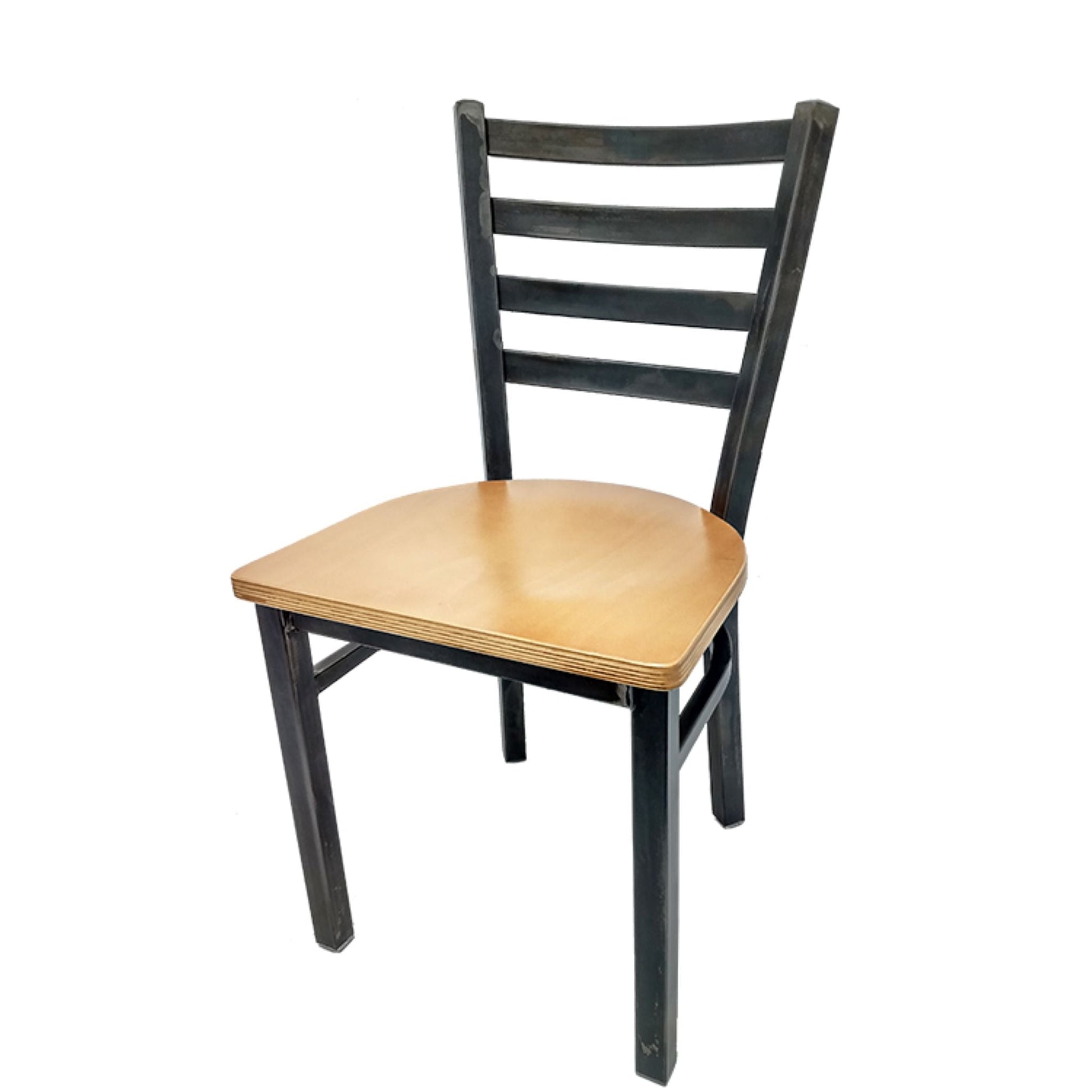Rustic ladderback metal dining chair with clear coat steel frame and natural finish solid wood seat.