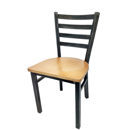 Rustic ladderback metal dining chair with clear coat steel frame and natural finish solid wood seat.