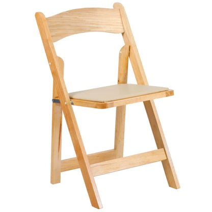 Front view of natural wood folding chair with white vinyl padded seat.