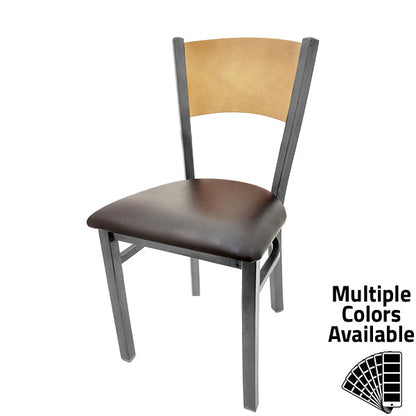 Dining chair with natural finish seat back and black vinyl seat.