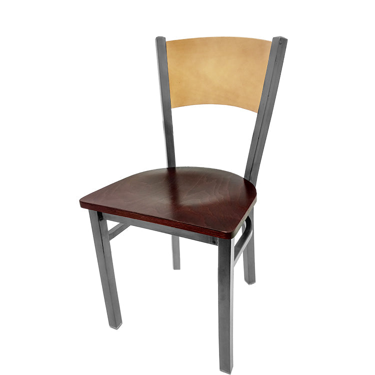 Dining chair with natural finish seat back and mahogany wood seat.