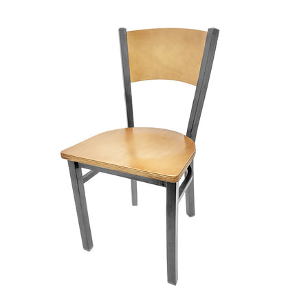 Dining chair with natural finish seat back and clear coat wood seat.