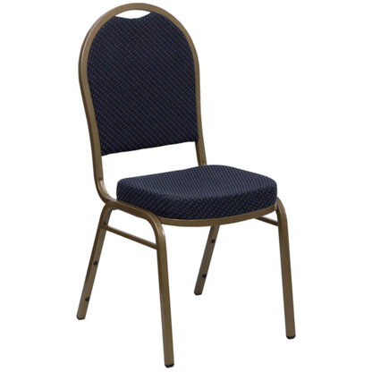 Dome back banquet chair with navy patterned fabric upholstery and gold steel frame, front view.