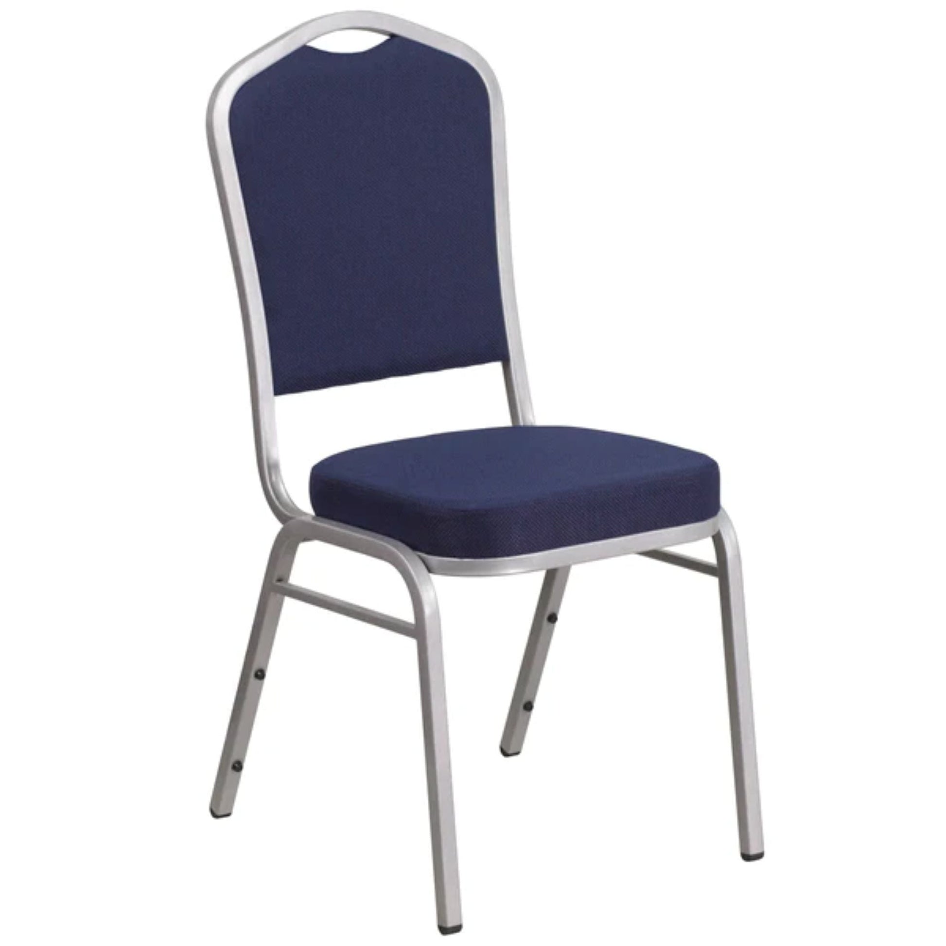 Crown back banquet chair with coffee navy  fabric upholstery and a silver frame