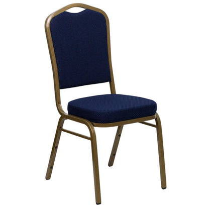 Crown back banquet chair with navy patterned fabric upholstery and a gold frame.