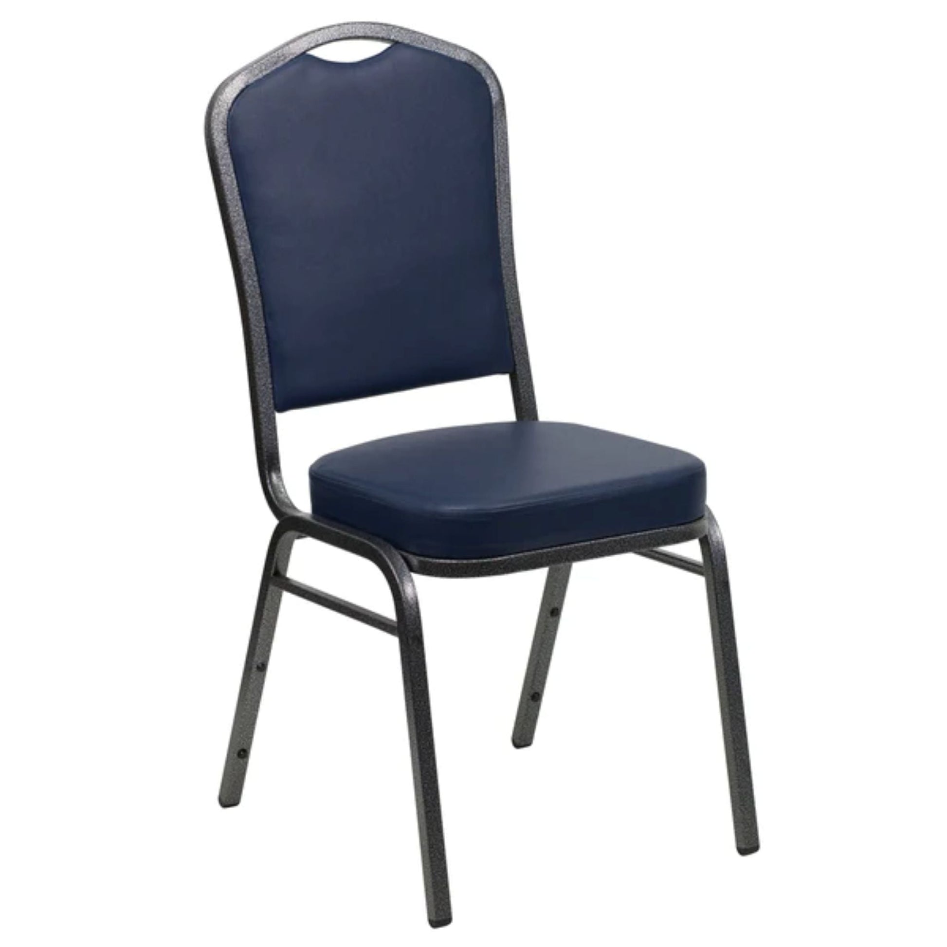 Crown back banquet chair with navy vinyl upholstery and a silver steel frame.
