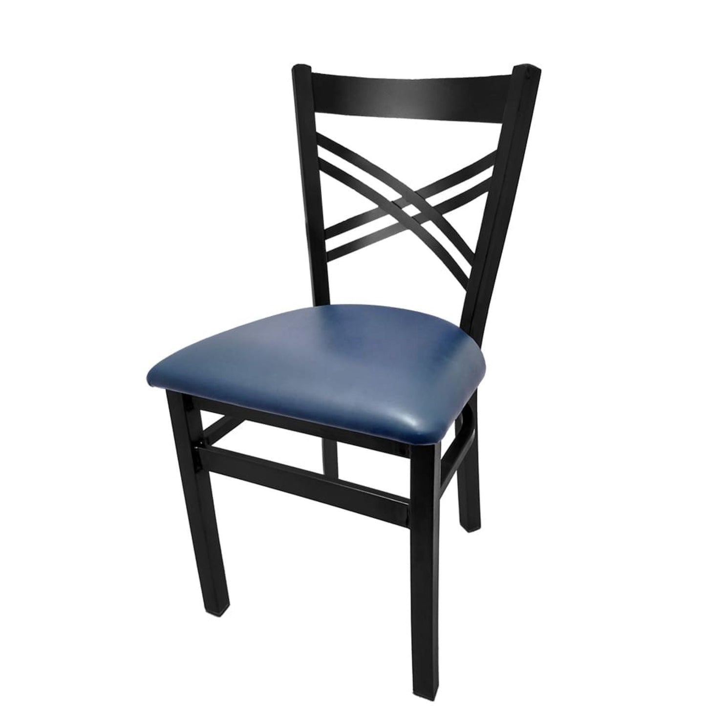 Crossback steel dining chair with black powder-coat frame and navy vinyl seat.