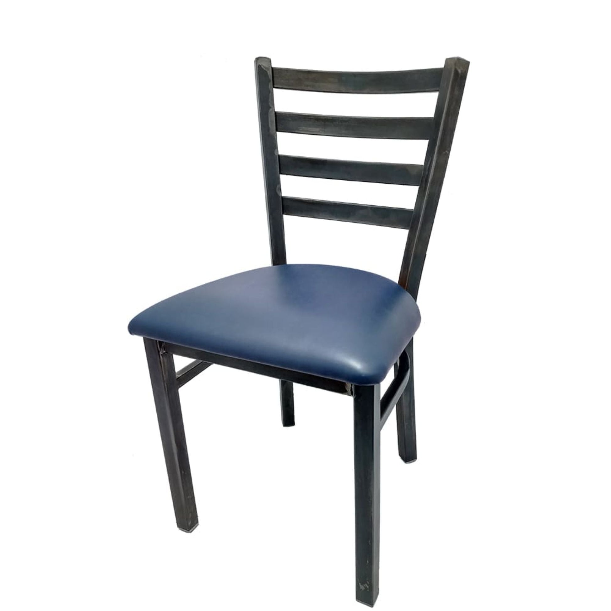 Rustic ladderback metal dining chair with clear coat steel frame and navy vinyl seat.