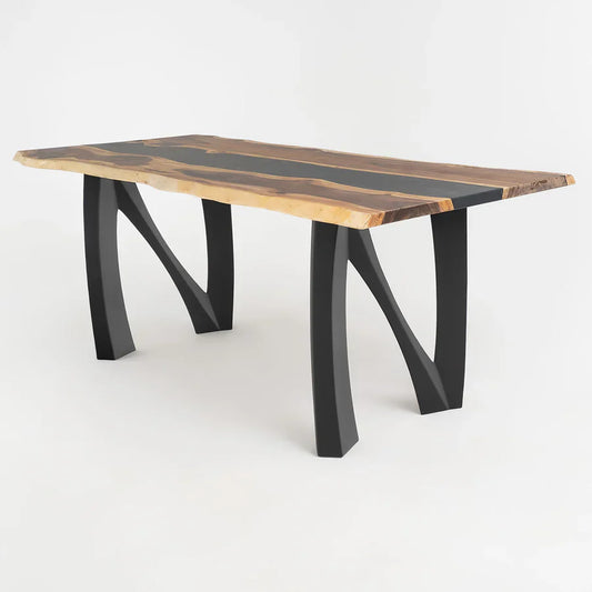 Front view of Noah Metal Table Legs featuring a sculptural alphabet-inspired steel design, matte black powder-coated finish, reinforced frame structure, and integrated adjustable levelers