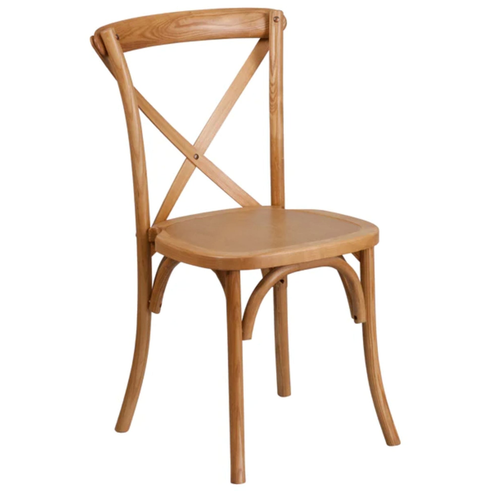 Stackable ash wood cross back chair in oak finish with curved back design.