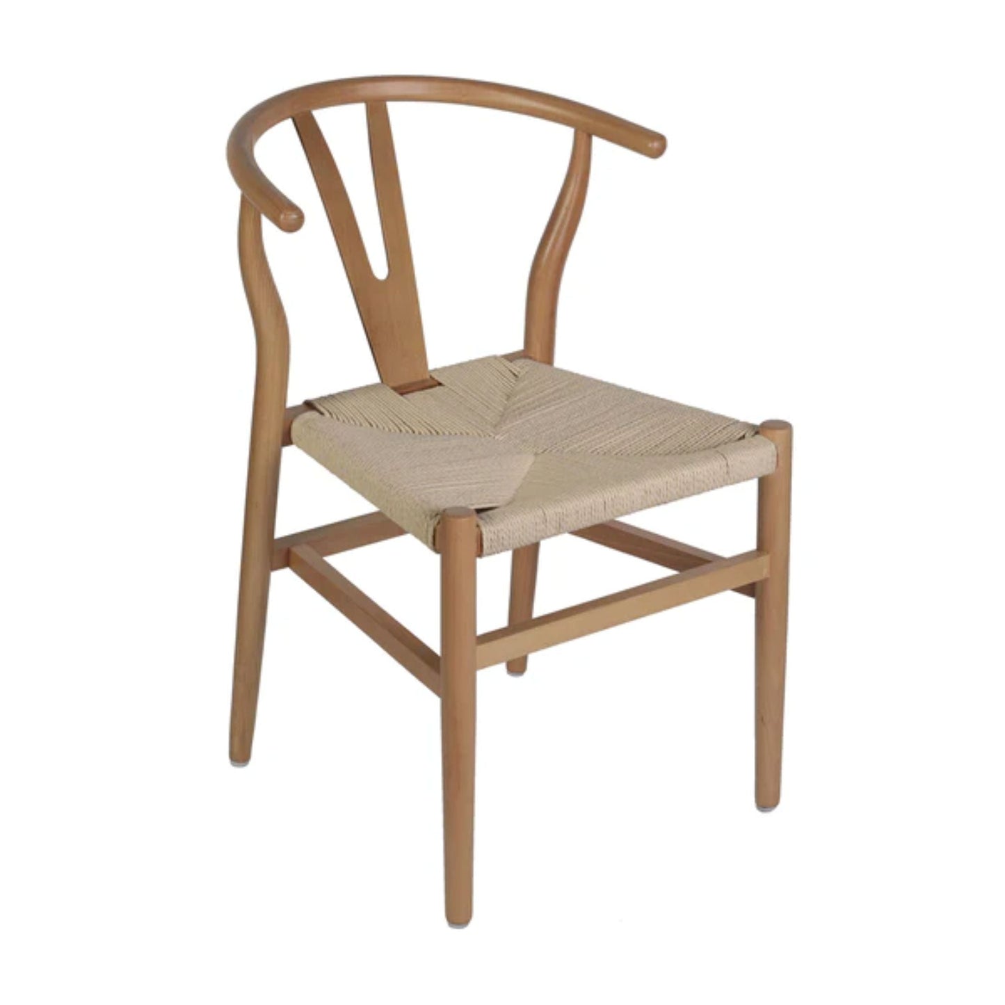 Wishbone-style dining chair with oak wood frame and woven kraft paper rope seat.