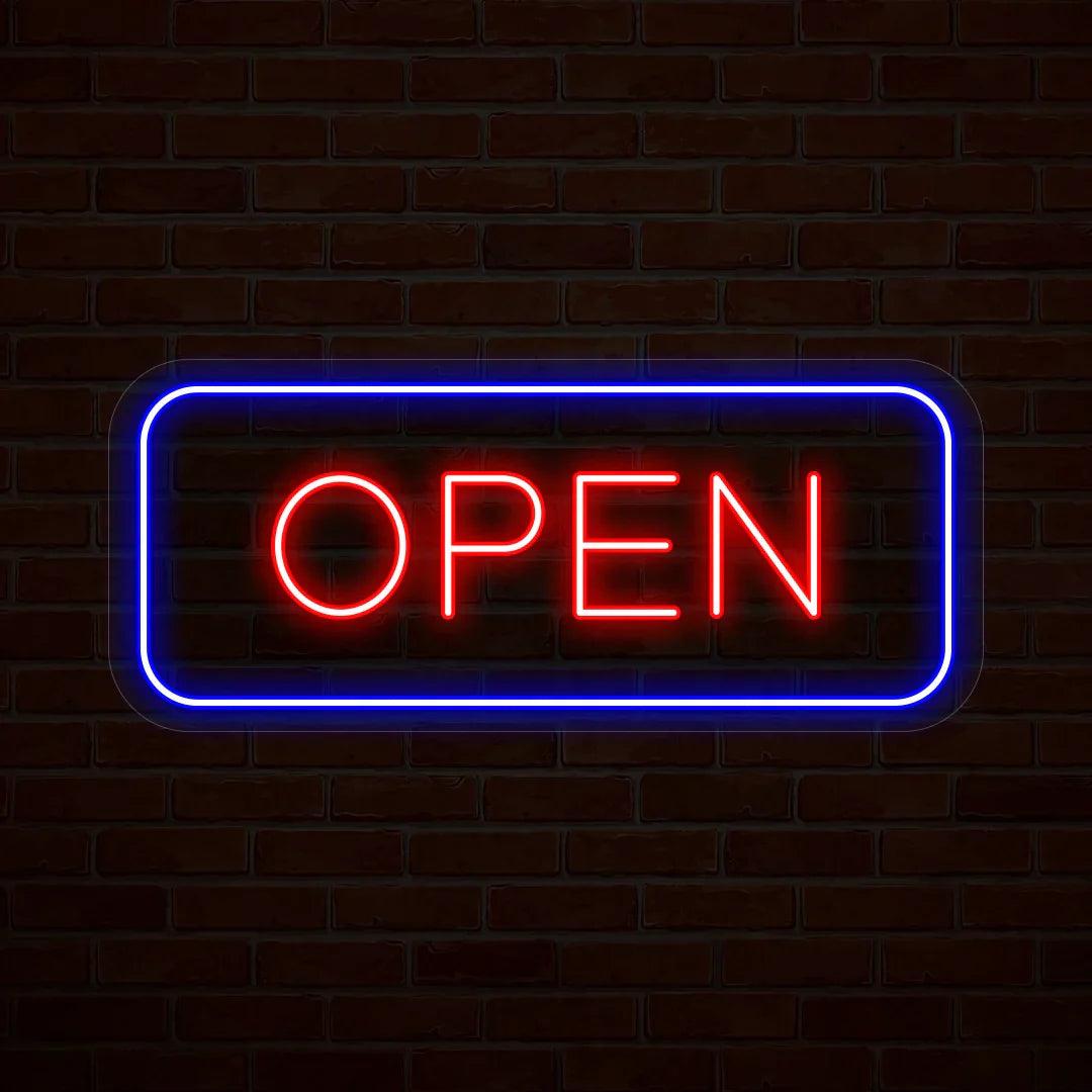 glowing multicolor rectangular open LED neon sign for storefront or restaurant décor