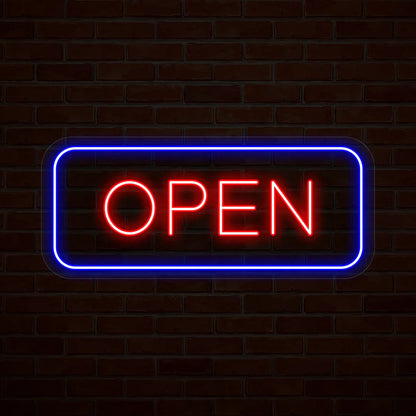 glowing multicolor rectangular open LED neon sign for storefront or restaurant décor