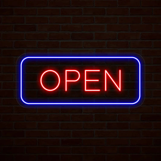 glowing multicolor rectangular open LED neon sign for storefront or restaurant décor