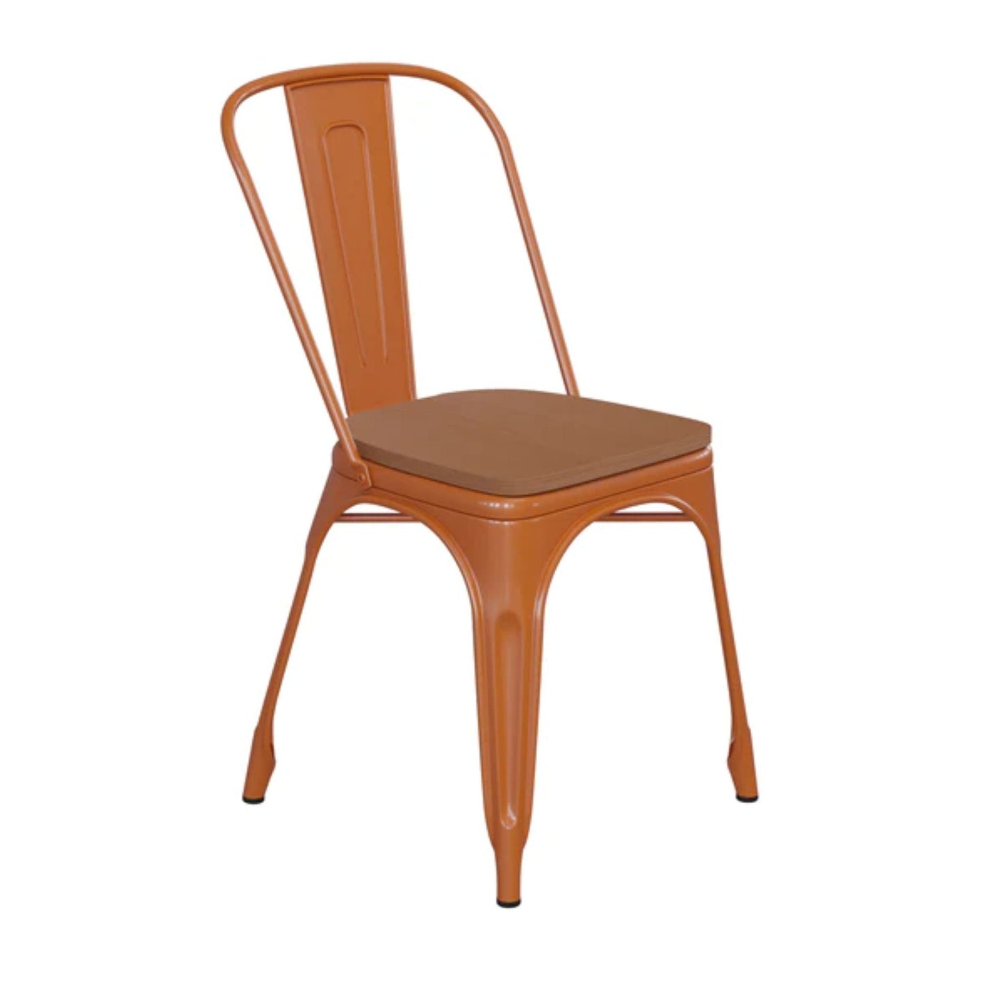 Orange metal stackable dining chair with teak-tone polystyrene seat for indoor and outdoor seating areas.