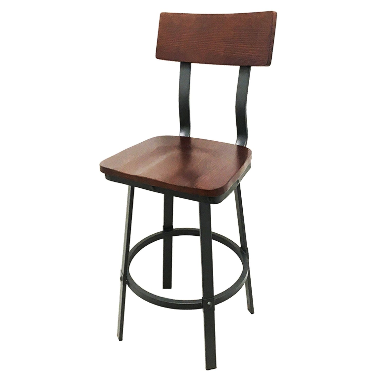 Outlander metal frame barstool with walnut wood back, wood seat, and non-marring glides