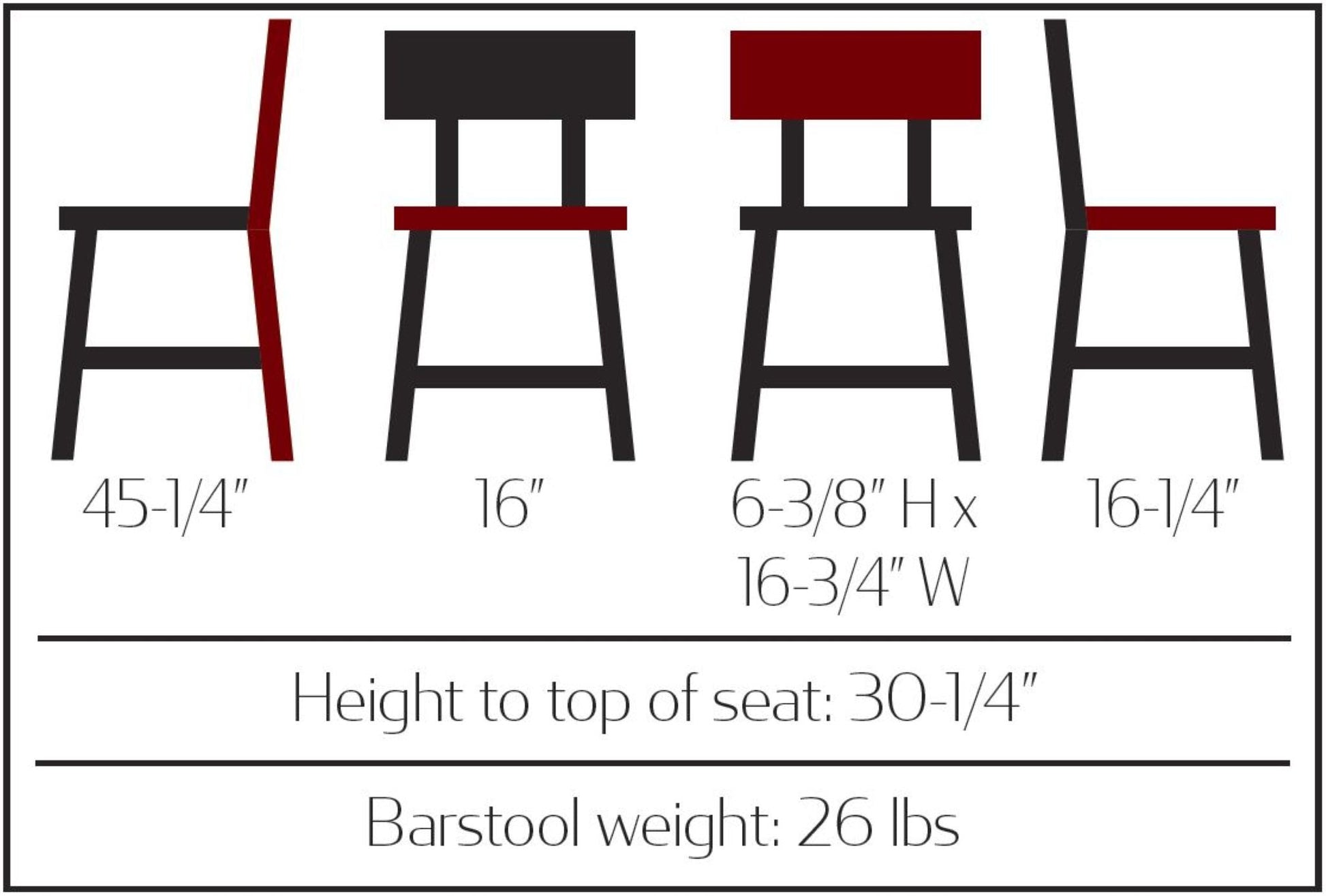 Dimensions for Commercial Outlander barstool with walnut wood seat and back and dark gray steel frame