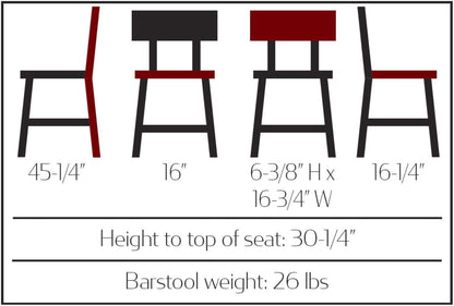 Dimensions for Commercial Outlander barstool with walnut wood seat and back and dark gray steel frame
