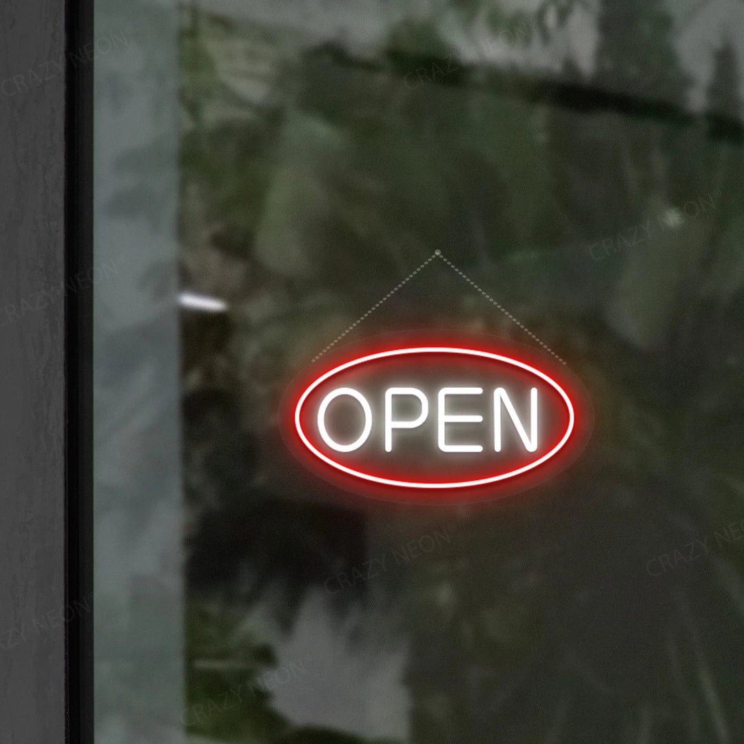 glowing oval open LED neon sign for restaurant or retail window display