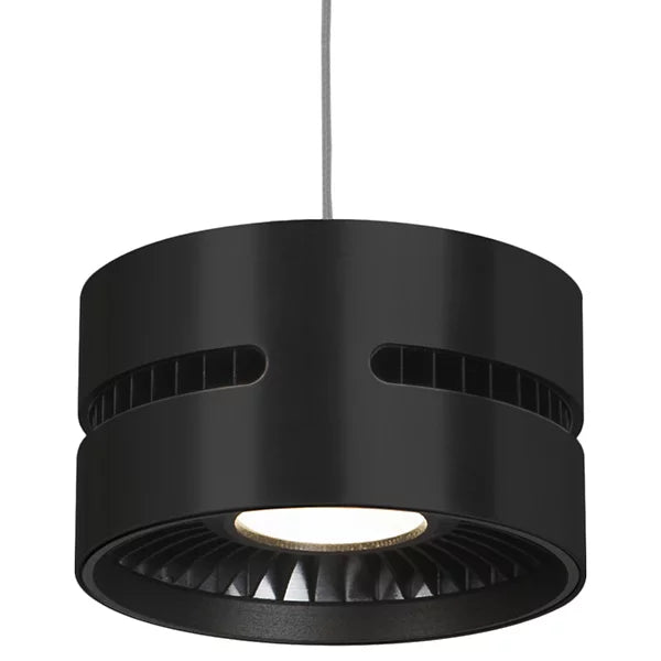 Oxford modern single LED pendant light in a black cast aluminum finish, featuring decorative side openings and an exposed heatsink for contemporary interior lighting.