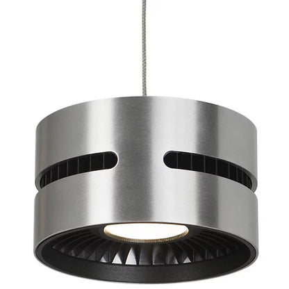 Oxford modern single LED pendant light in a silver cast aluminum finish, highlighting the exposed heatsink and minimalist shape designed for high-output LED illumination.