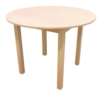 Front view of a premium real wood display table made from solid oak, maple, or poplar, shown with a smooth round top and commercial-grade finish for retail and hospitality use.