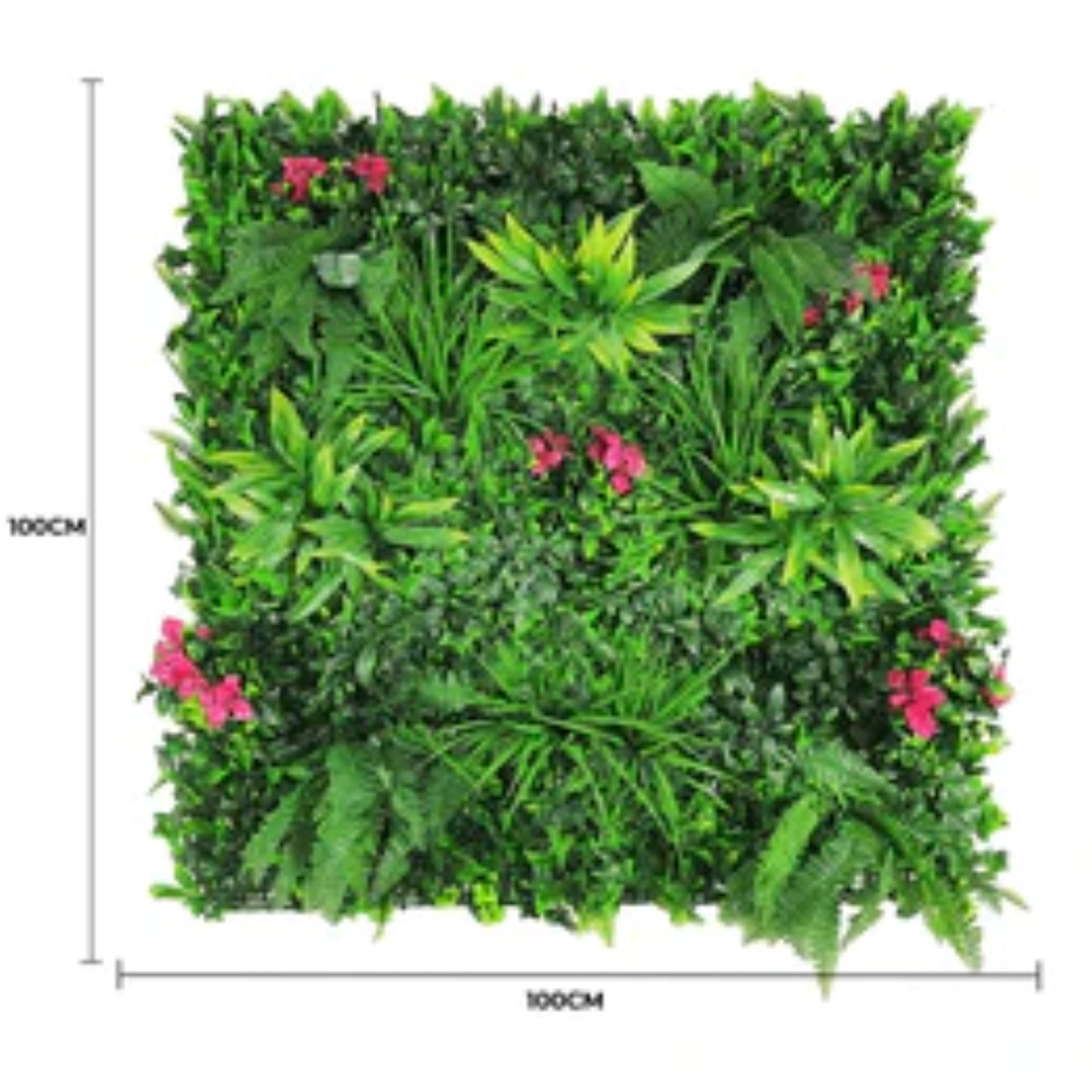 UV-resistant commercial tropical green wall with pink inserts with dimensions