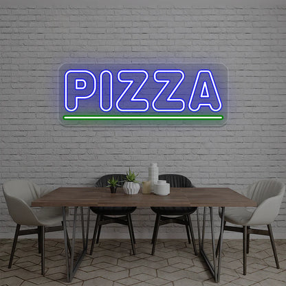LED pizza neon light sign mounted on wall in pizzeria or bar interior