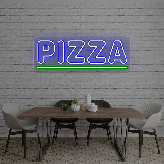 LED pizza neon light sign mounted on wall in pizzeria or bar interior