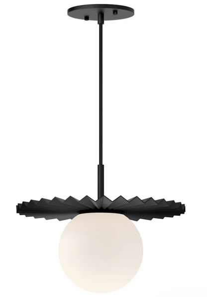 Plume pendant light in a black finish featuring a pleated decorative disk and large opal matte glass globe, inspired by Paris Fashion Week for modern restaurant and bar interiors.