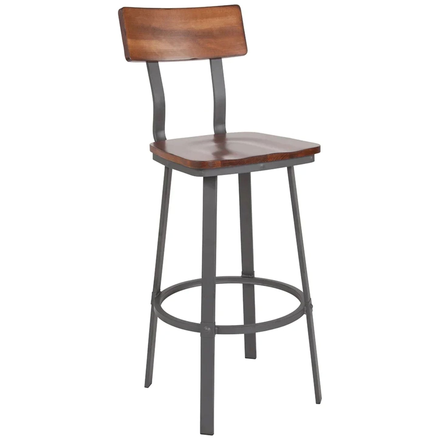 Commercial bar stool with gray steel frame, walnut wood back and seat, and welded joints