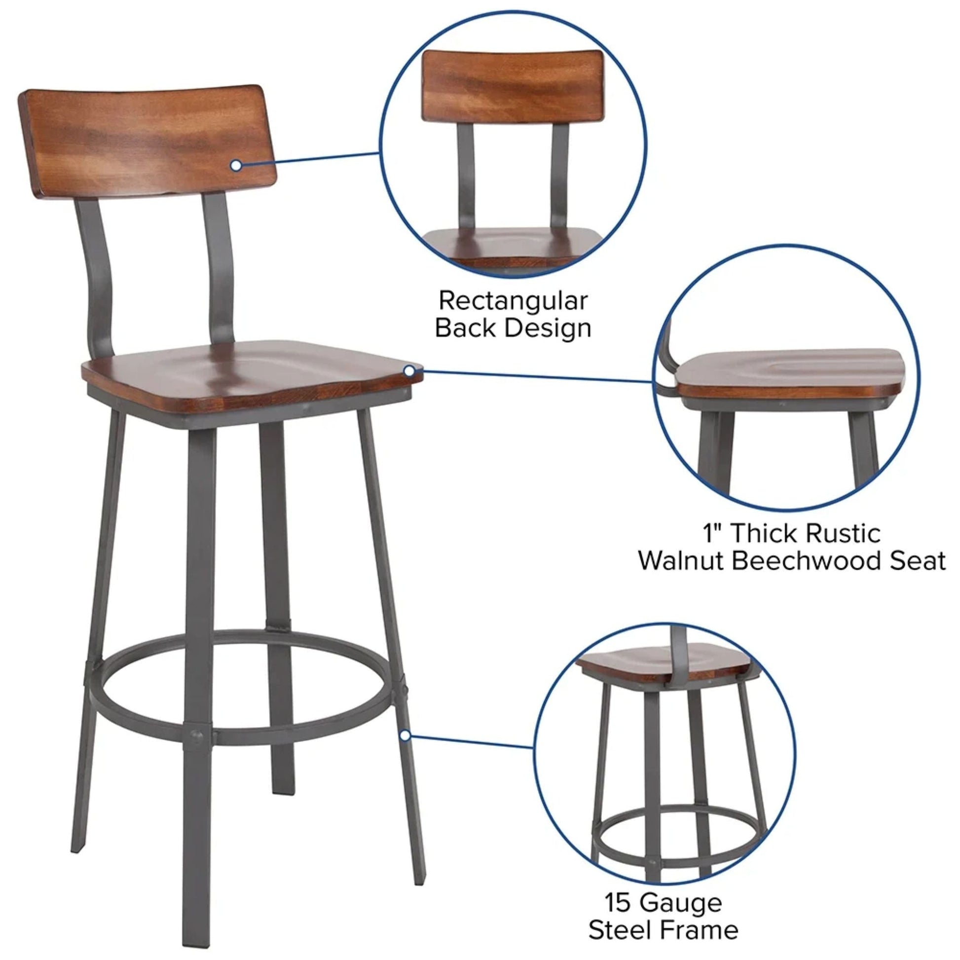 attributes for Bar stool with gray powder-coated steel frame and walnut-stained beechwood seat and back