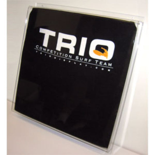 Clear acrylic T-shirt display box with included flat panel for wall or slatwall mounting.