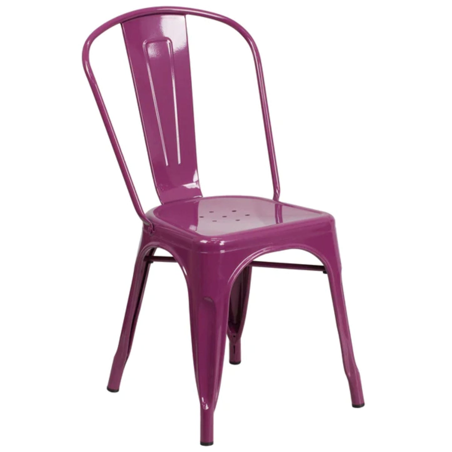 Purple metal indoor–outdoor stackable chair with slatted seat, curved back, and protective floor glides.
