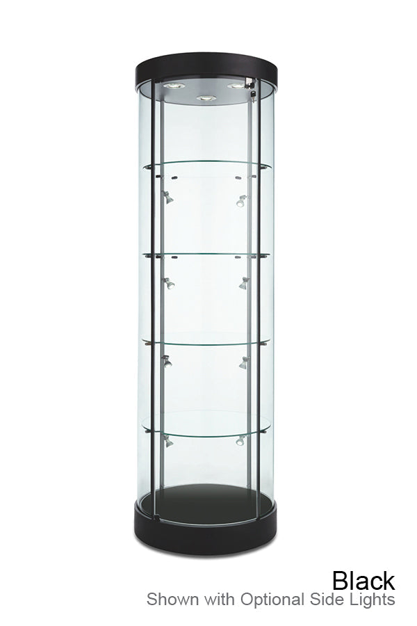 Front view of Euro Round Glass Tower Display Case with circular tempered glass panels, four adjustable glass shelves, and LED top lighting