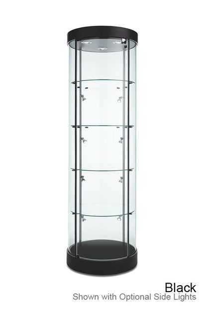 Front view of Euro Round Glass Tower Display Case with circular tempered glass panels, four adjustable glass shelves, and LED top lighting