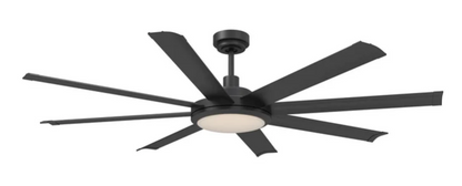 Black ceiling fan with light fixture on a white background