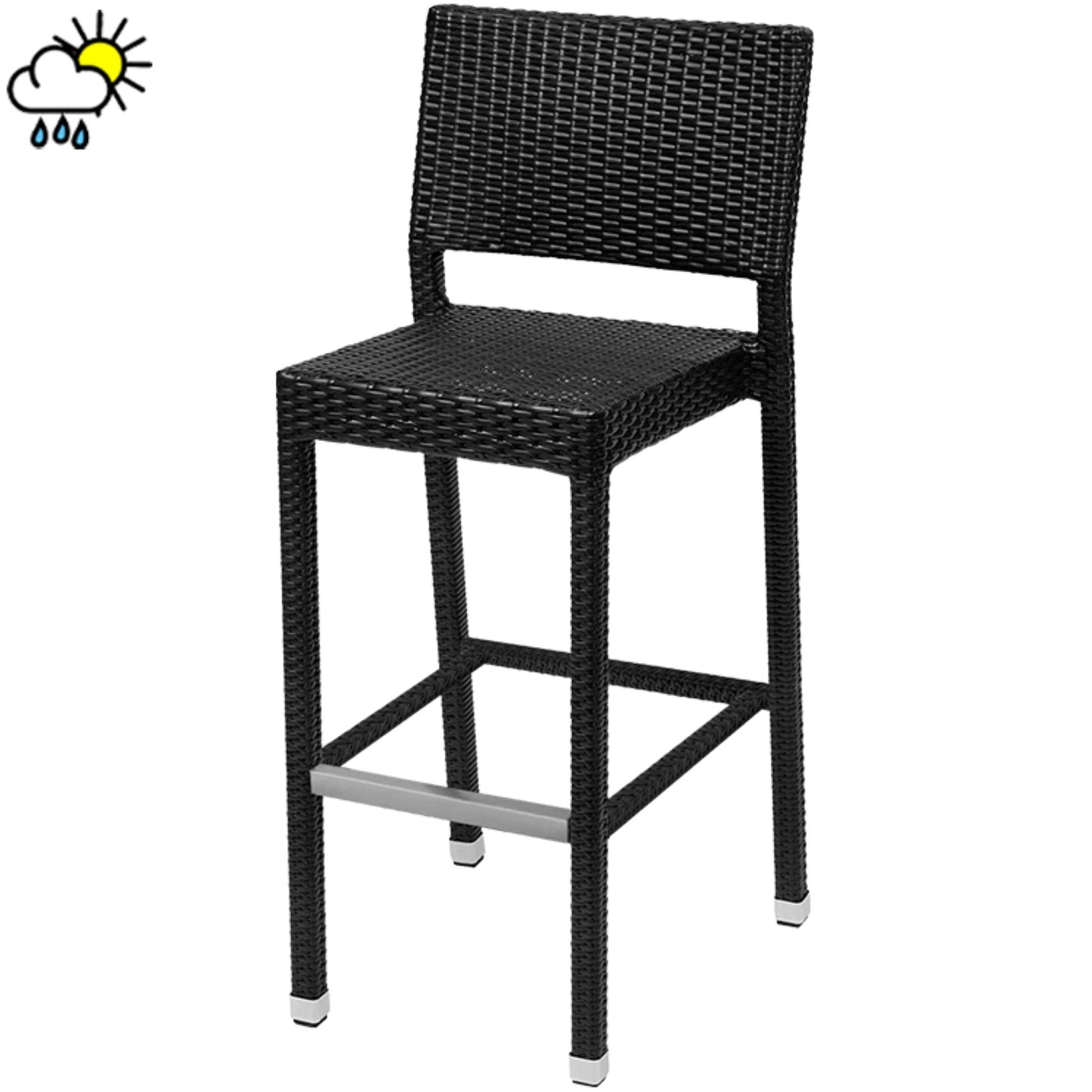 Outdoor barstool with black synthetic wicker rattan and sturdy aluminum frame