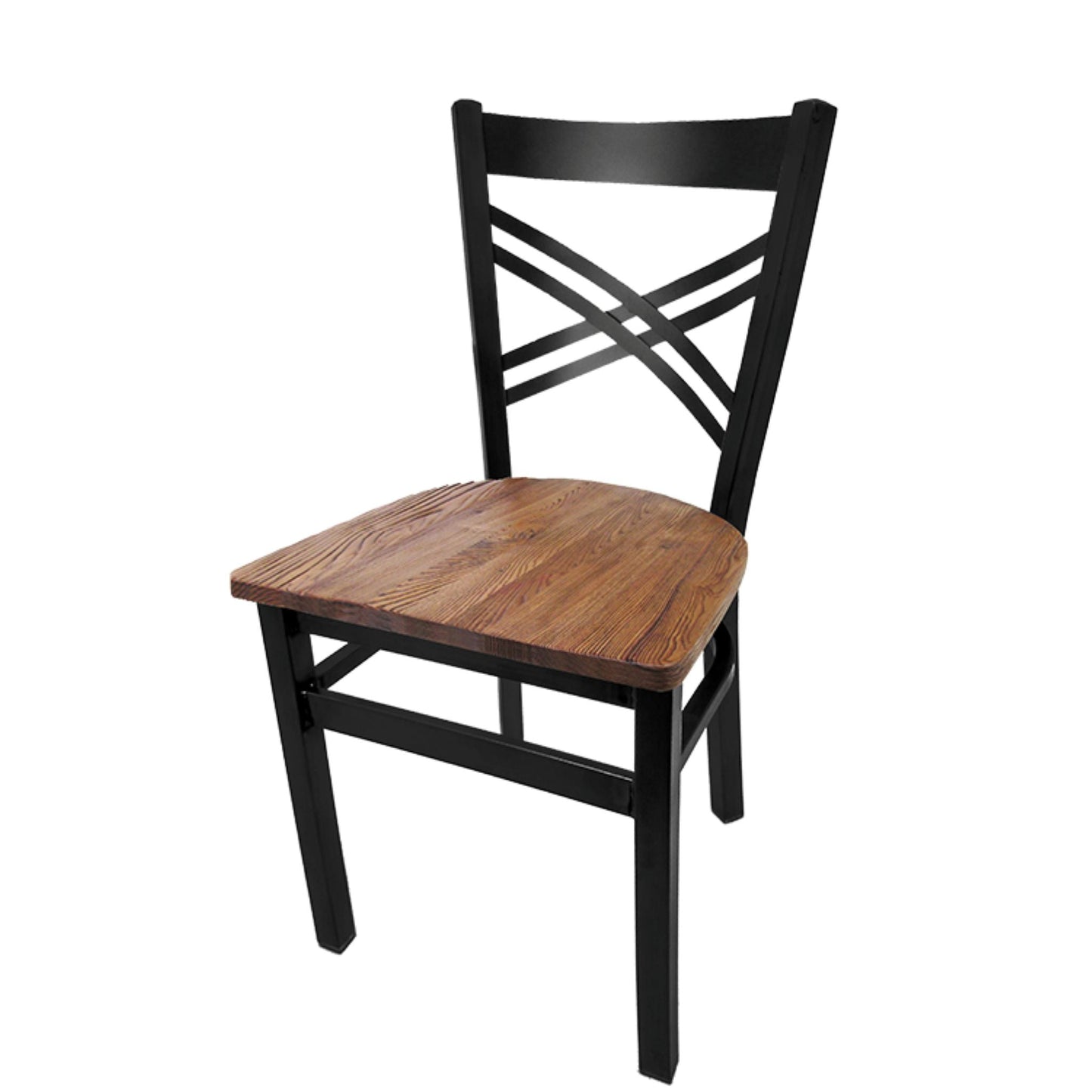 Crossback dining chair with black powder-coated steel frame and reclaimed wood seat with rustic finish.