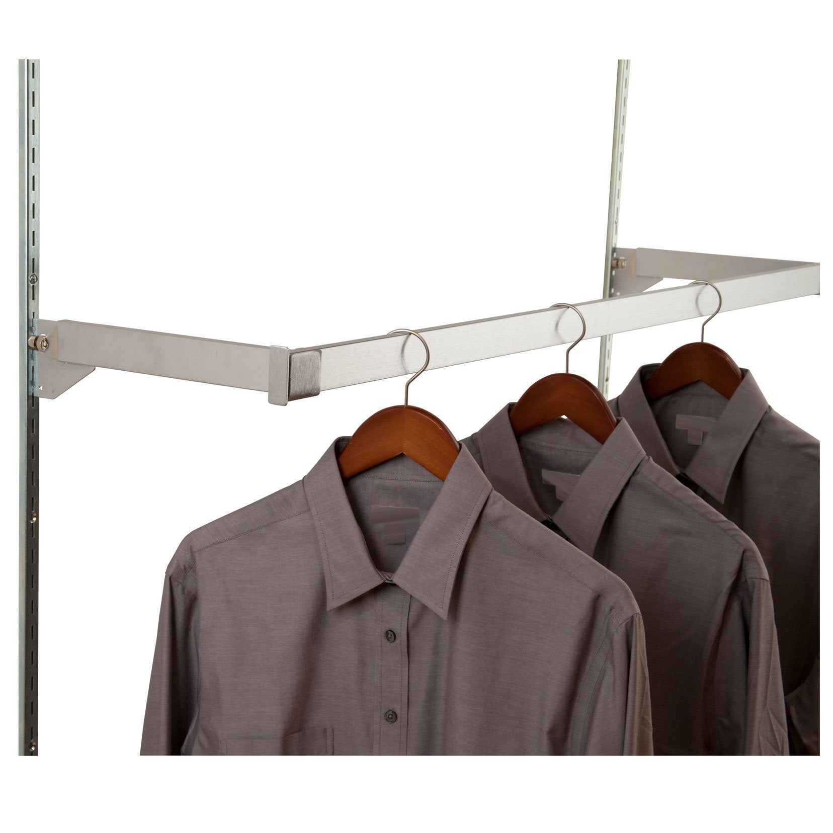 Wall-mounted display rack featuring rectangular tubing used as a horizontal bar to hang clothing shoulder-out, showing how the tubing is supported by brackets for commercial merchandising.